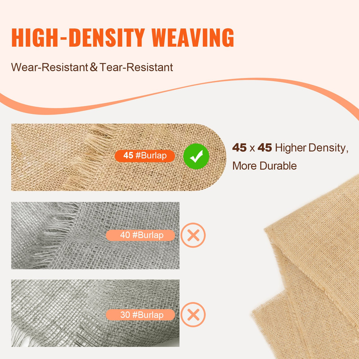 VEVOR Burlap Fabric Roll, 40” x 75 ft & 50 x 50 High Density Wide Natural Burlap Fabric Rolls, Jute Fabric Burlap Tree Wrap Roll, for Decor, Crafts, Wedding, Gardening, Plant & Tree Winter Covering - CMBJ40INCHESDJJN9V0 - view 4