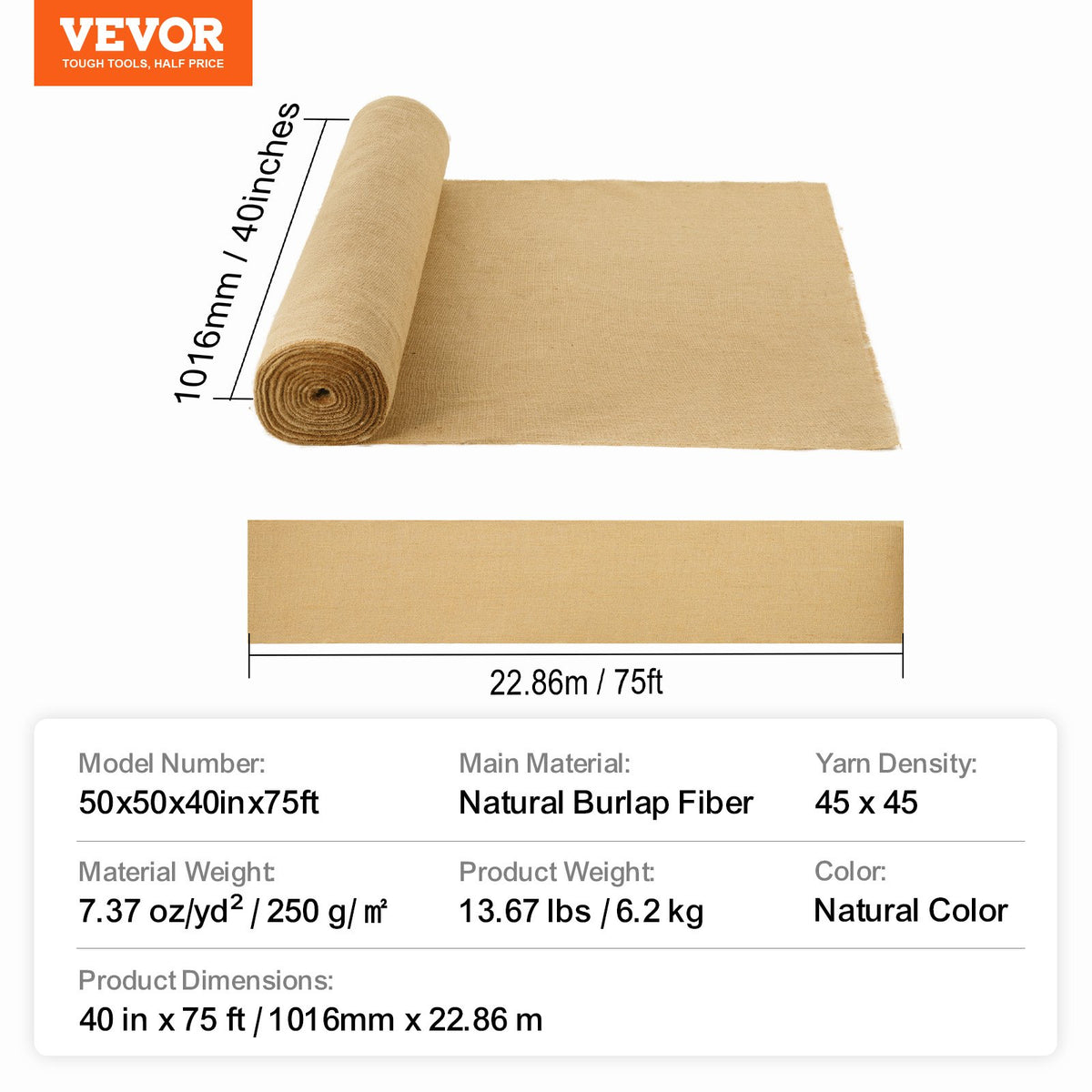 VEVOR Burlap Fabric Roll, 40” x 75 ft & 50 x 50 High Density Wide Natural Burlap Fabric Rolls, Jute Fabric Burlap Tree Wrap Roll, for Decor, Crafts, Wedding, Gardening, Plant & Tree Winter Covering - CMBJ40INCHESDJJN9V0 - view 8