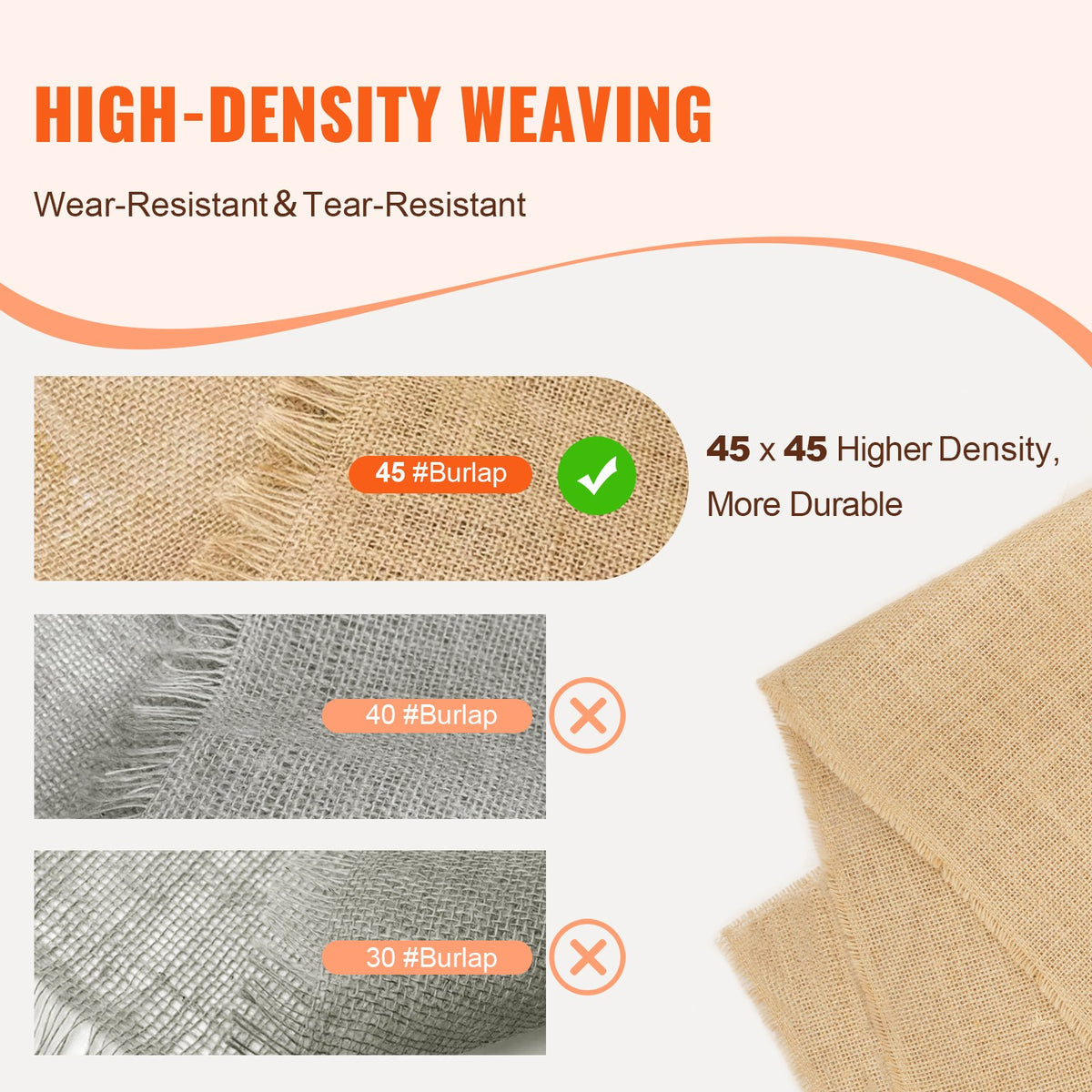 VEVOR Burlap Fabric Roll, 40” x 150 ft & 45 x 45 High Density Wide Natural Burlap Fabric Rolls, Jute Fabric Burlap Tree Wrap Roll, for Decor, Crafts, Wedding, Gardening, Plant & Tree Winter Covering - CMBJ40INCHESIUNCVV0 - view 4