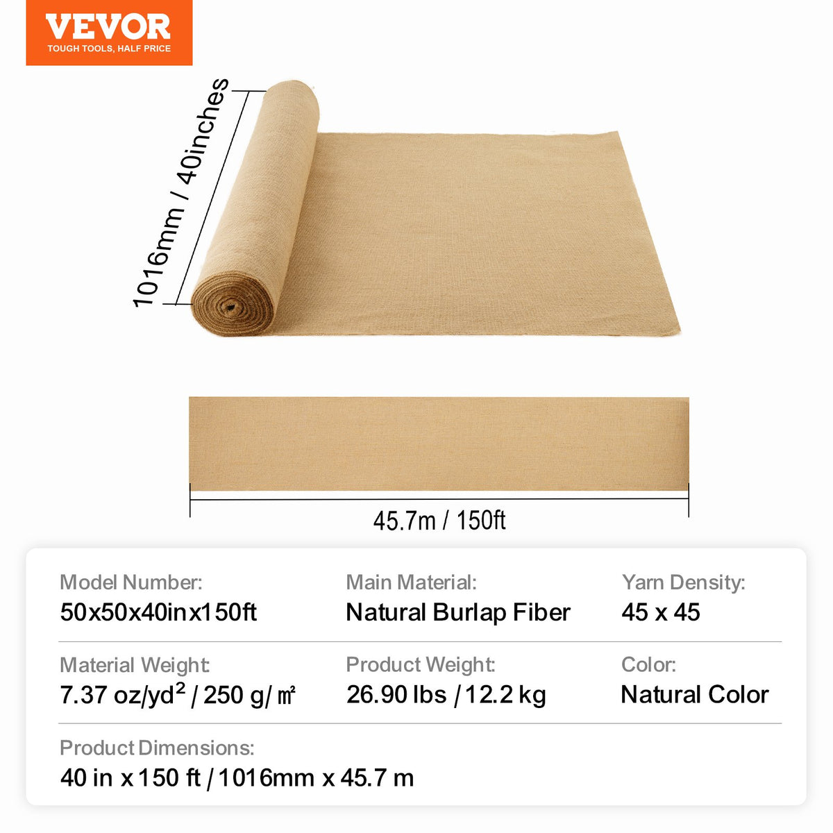 VEVOR Burlap Fabric Roll, 40” x 150 ft & 45 x 45 High Density Wide Natural Burlap Fabric Rolls, Jute Fabric Burlap Tree Wrap Roll, for Decor, Crafts, Wedding, Gardening, Plant & Tree Winter Covering - CMBJ40INCHESIUNCVV0 - view 8