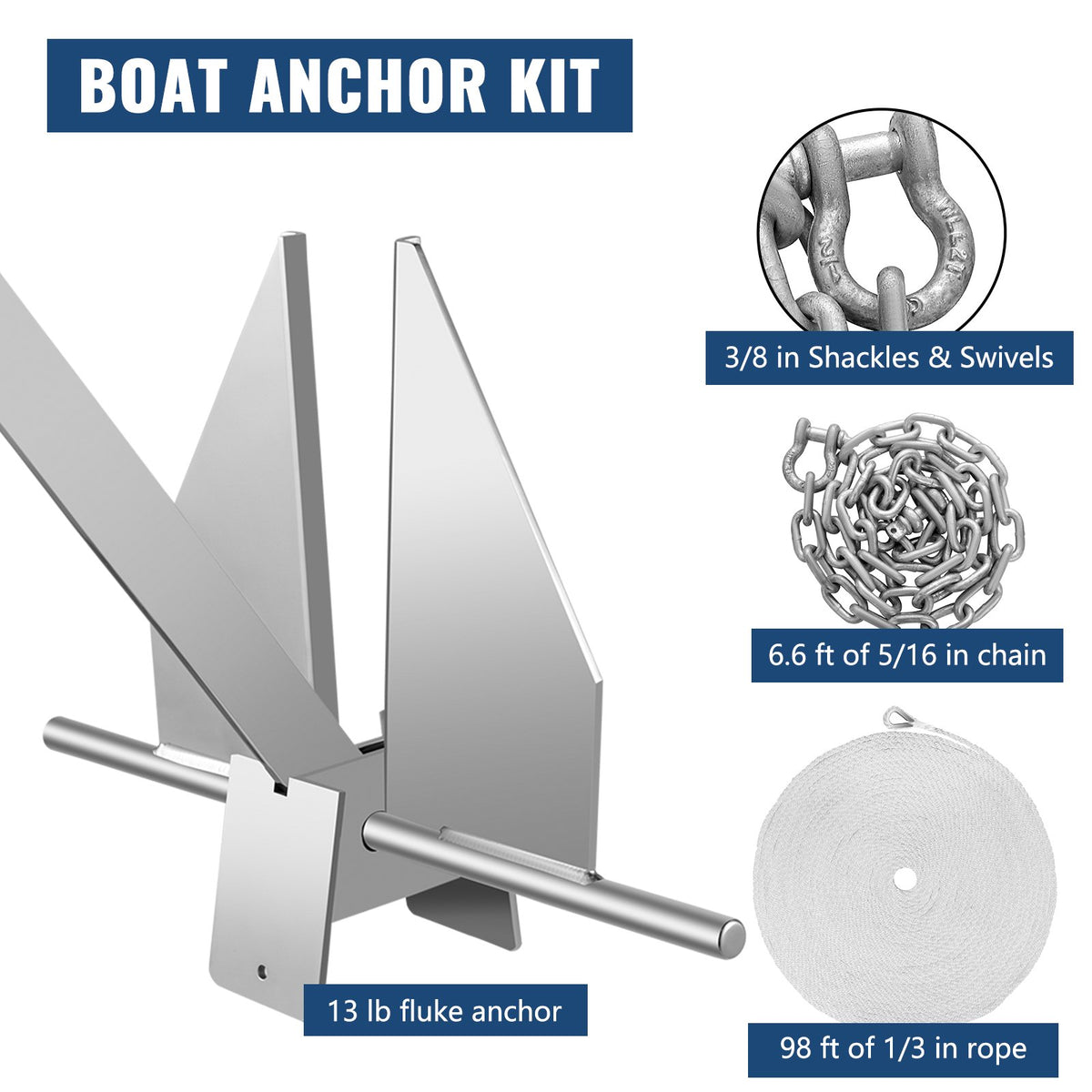 VEVOR Boat Anchor Kit 13 lb Fluke Style Anchor, Hot Dipped Galvanized Steel Fluke Anchor, Marine Anchor with Anchor, Shackles, Chain, Rope for Boat Mooring on The Beach, Boats - CMDTJ13LB67SE596OV0 - view 2