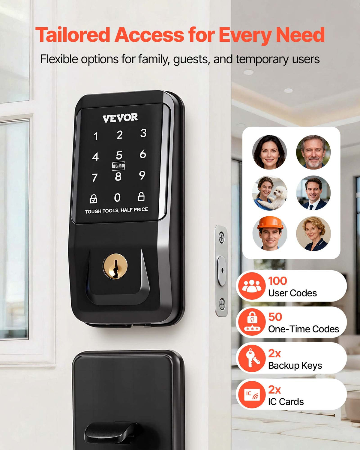 VEVOR Keyless Entry Door Lock with Handle Set, Touchpad Electronic Deadbolt with IC Card, Customizable User Codes, Keyed Entry, Auto Lock, Anti-Peeking Password, Backlit, for Home, Matte Black - CMSMBDLSBTZYE2S91001V9 - view 3
