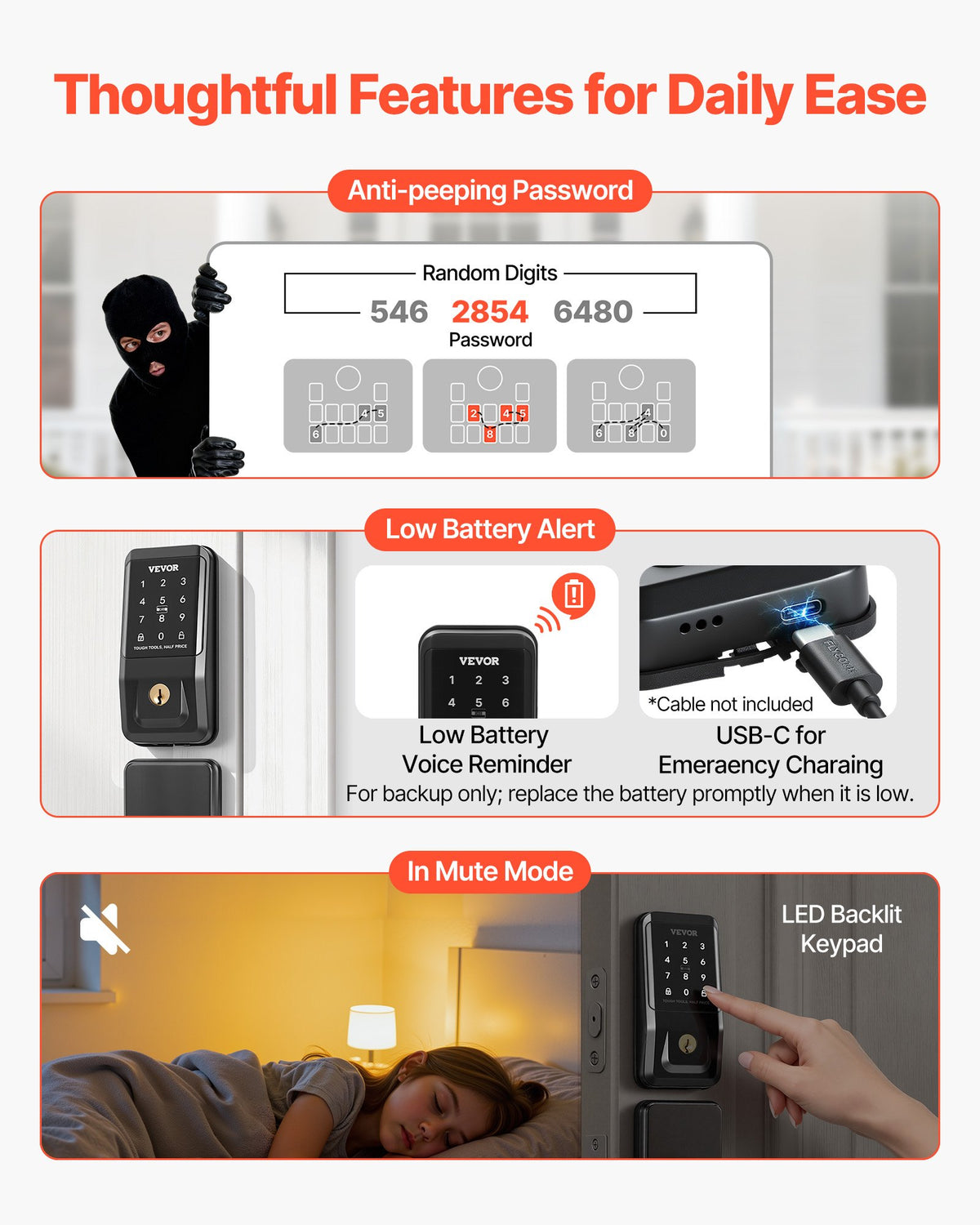 VEVOR Keyless Entry Door Lock with Handle Set, Touchpad Electronic Deadbolt with IC Card, Customizable User Codes, Keyed Entry, Auto Lock, Anti-Peeking Password, Backlit, for Home, Matte Black - CMSMBDLSBTZYE2S91001V9 - view 7