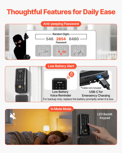 VEVOR Keyless Entry Door Lock with Handle Set, Touchpad Electronic Deadbolt with IC Card, Customizable User Codes, Keyed Entry, Auto Lock, Anti-Peeking Password, Backlit, for Home, Matte Black - CMSMBDLSBTZYE2S91001V9 - view 7