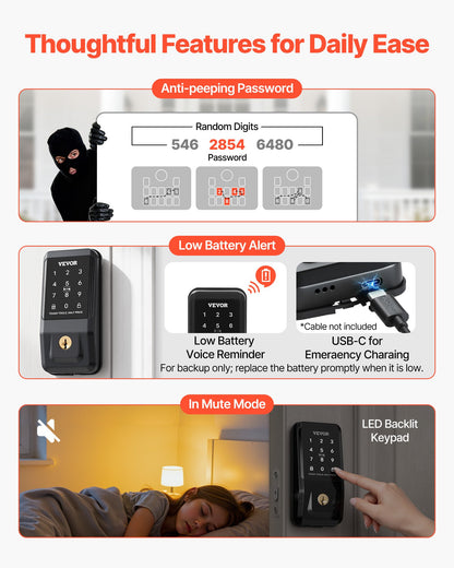 VEVOR Keyless Entry Door Lock, Touchpad Electronic Deadbolt with IC Card, Customizable User Codes, Keyed Entry, Auto Lock, Anti-Peeking Password, Backlit, Easy Installation, for Home, Matte Black - CMSMBSYGH000RESUE001V9 - view 7