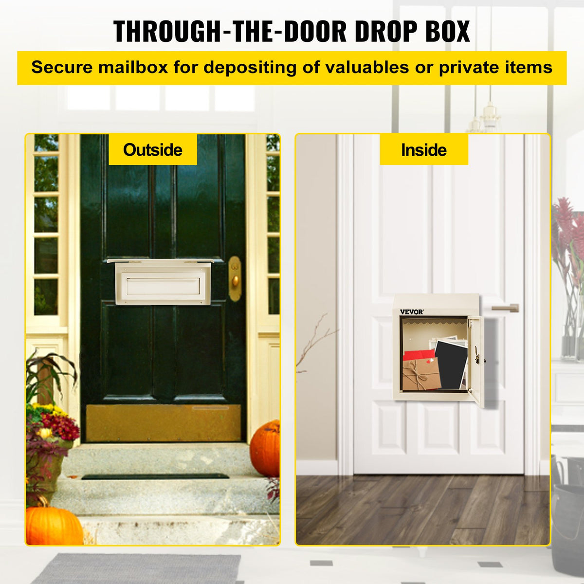 VEVOR Through-The-Door Locking Drop Box, 11.8\'\'x4.3\'\'x14.2\'\' Door Drop Box, Door Slot Mailbox with 1.77\'\' Chute & Code Lock, Rainproof Steel Mail Catcher for Depositing Mail, Keys, Rents, Chec - CMXBXMHSXDA72NGN7V0 - view 3