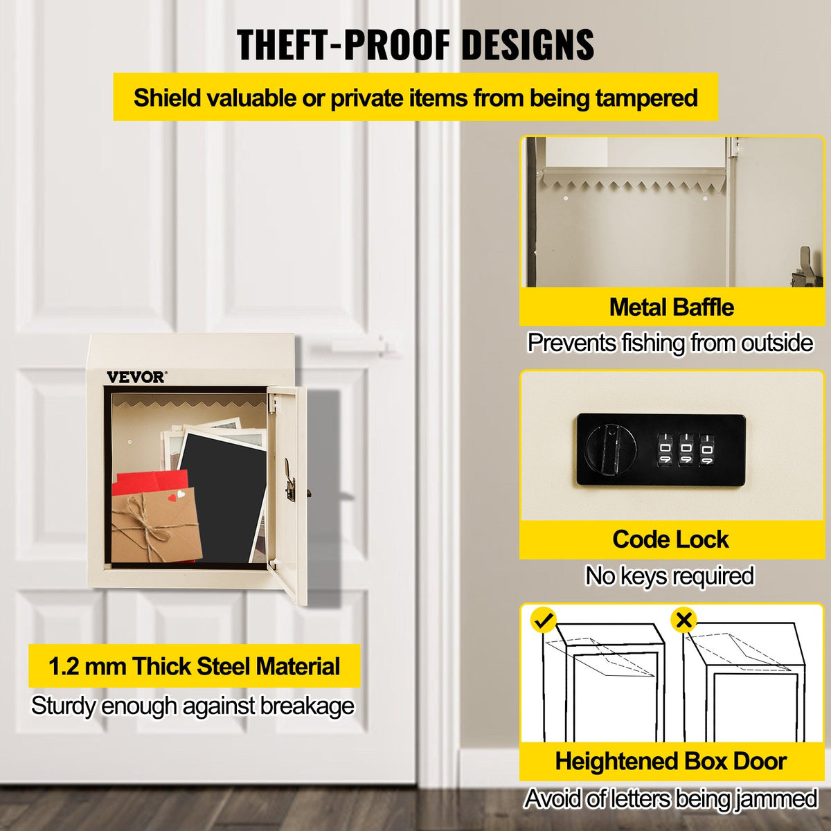 VEVOR Through-The-Door Locking Drop Box, 11.8\'\'x4.3\'\'x14.2\'\' Door Drop Box, Door Slot Mailbox with 1.77\'\' Chute & Code Lock, Rainproof Steel Mail Catcher for Depositing Mail, Keys, Rents, Chec - CMXBXMHSXDA72NGN7V0 - view 5