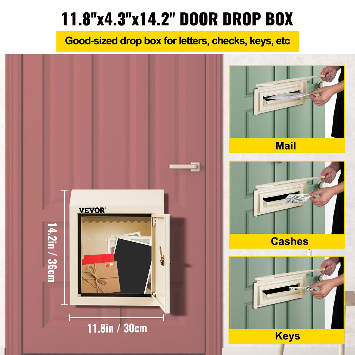 VEVOR Through-The-Door Locking Drop Box, 11.8\'\'x4.3\'\'x14.2\'\' Door Drop Box, Door Slot Mailbox with 1.77\'\' Chute & Code Lock, Rainproof Steel Mail Catcher for Depositing Mail, Keys, Rents, Chec - CMXBXMHSXDA72NGN7V0 - view 7