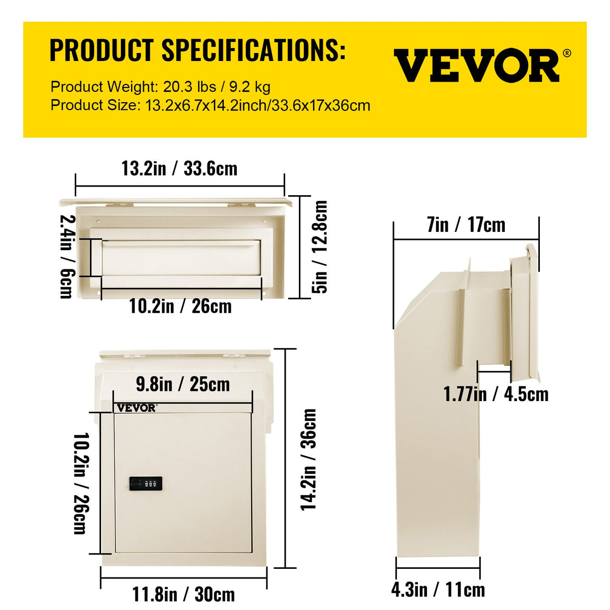 VEVOR Through-The-Door Locking Drop Box, 11.8\'\'x4.3\'\'x14.2\'\' Door Drop Box, Door Slot Mailbox with 1.77\'\' Chute & Code Lock, Rainproof Steel Mail Catcher for Depositing Mail, Keys, Rents, Chec - CMXBXMHSXDA72NGN7V0 - view 8