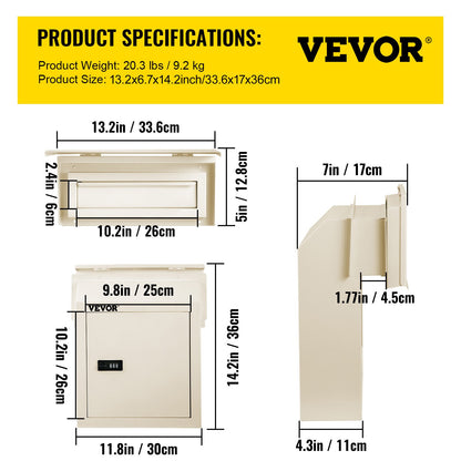 VEVOR Through-The-Door Locking Drop Box, 11.8\'\'x4.3\'\'x14.2\'\' Door Drop Box, Door Slot Mailbox with 1.77\'\' Chute & Code Lock, Rainproof Steel Mail Catcher for Depositing Mail, Keys, Rents, Chec - CMXBXMHSXDA72NGN7V0 - view 8