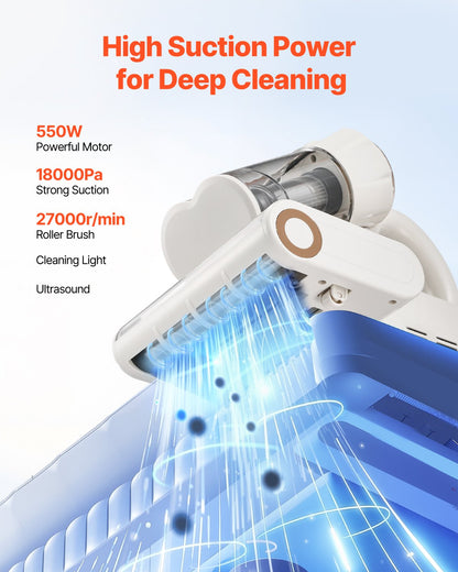 VEVOR Mattress Vacuum Cleaner, 550W Bed Vacuum Cleaner with 18Kpa Powerful Suction and Dual Dust Bin, HEPA Filter & Heating, Ultrasound Tech & Cleaning Lights, Handheld for Bed, Sofa, Corded, White - CMY400W14KPAKIOJZ001V1 - view 3