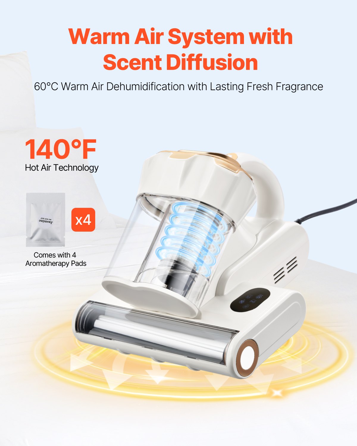 VEVOR Mattress Vacuum Cleaner, 550W Bed Vacuum Cleaner with 18Kpa Powerful Suction and Dual Dust Bin, HEPA Filter & Heating, Ultrasound Tech & Cleaning Lights, Handheld for Bed, Sofa, Corded, White - CMY400W14KPAKIOJZ001V1 - view 4