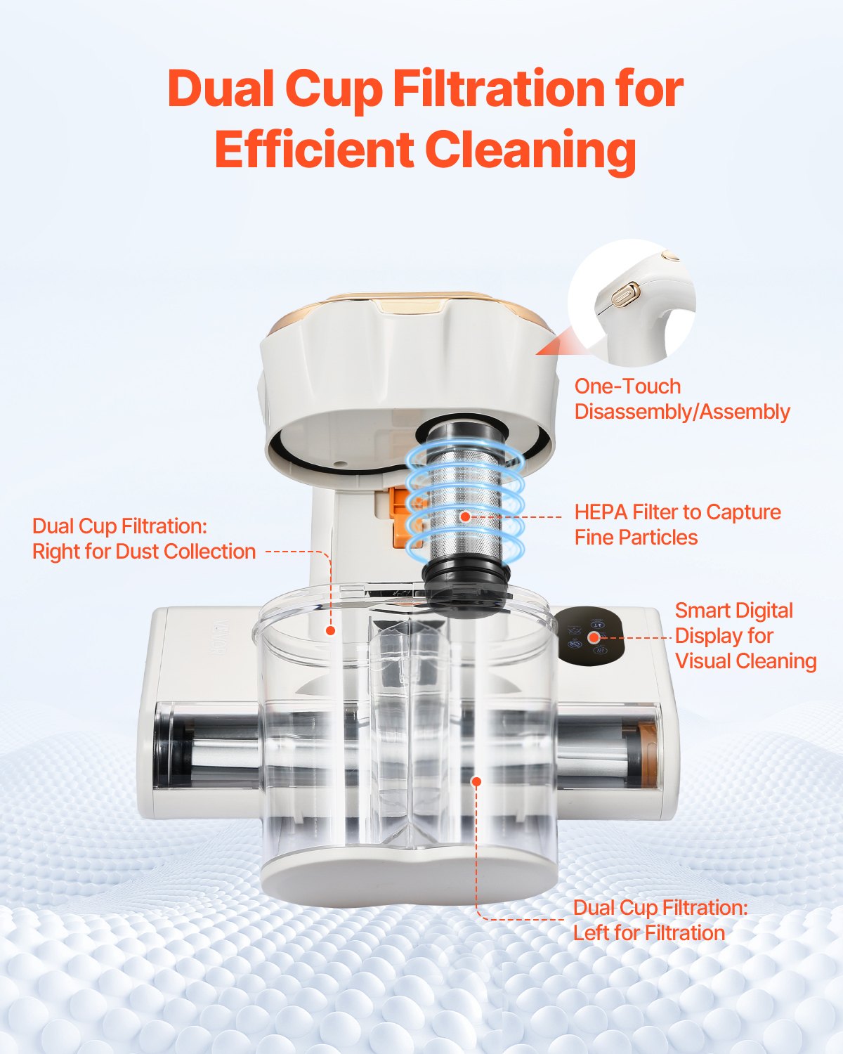 VEVOR Mattress Vacuum Cleaner, 550W Bed Vacuum Cleaner with 18Kpa Powerful Suction and Dual Dust Bin, HEPA Filter & Heating, Ultrasound Tech & Cleaning Lights, Handheld for Bed, Sofa, Corded, White - CMY400W14KPAKIOJZ001V1 - view 5