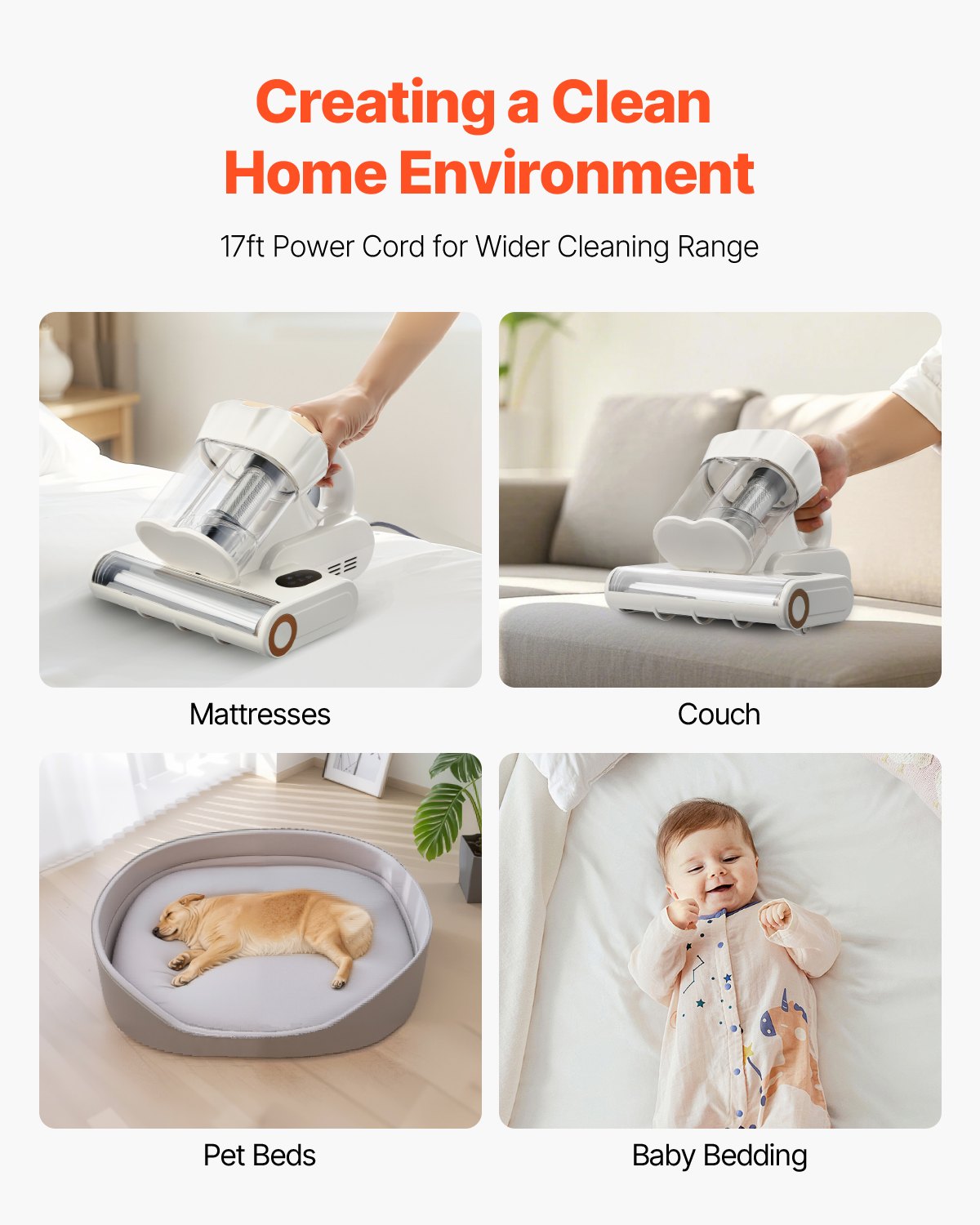 VEVOR Mattress Vacuum Cleaner, 550W Bed Vacuum Cleaner with 18Kpa Powerful Suction and Dual Dust Bin, HEPA Filter & Heating, Ultrasound Tech & Cleaning Lights, Handheld for Bed, Sofa, Corded, White - CMY400W14KPAKIOJZ001V1 - view 7
