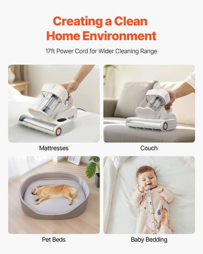 VEVOR Mattress Vacuum Cleaner, 550W Bed Vacuum Cleaner with 18Kpa Powerful Suction and Dual Dust Bin, HEPA Filter & Heating, Ultrasound Tech & Cleaning Lights, Handheld for Bed, Sofa, Corded, White - CMY400W14KPAKIOJZ001V1 - view 7
