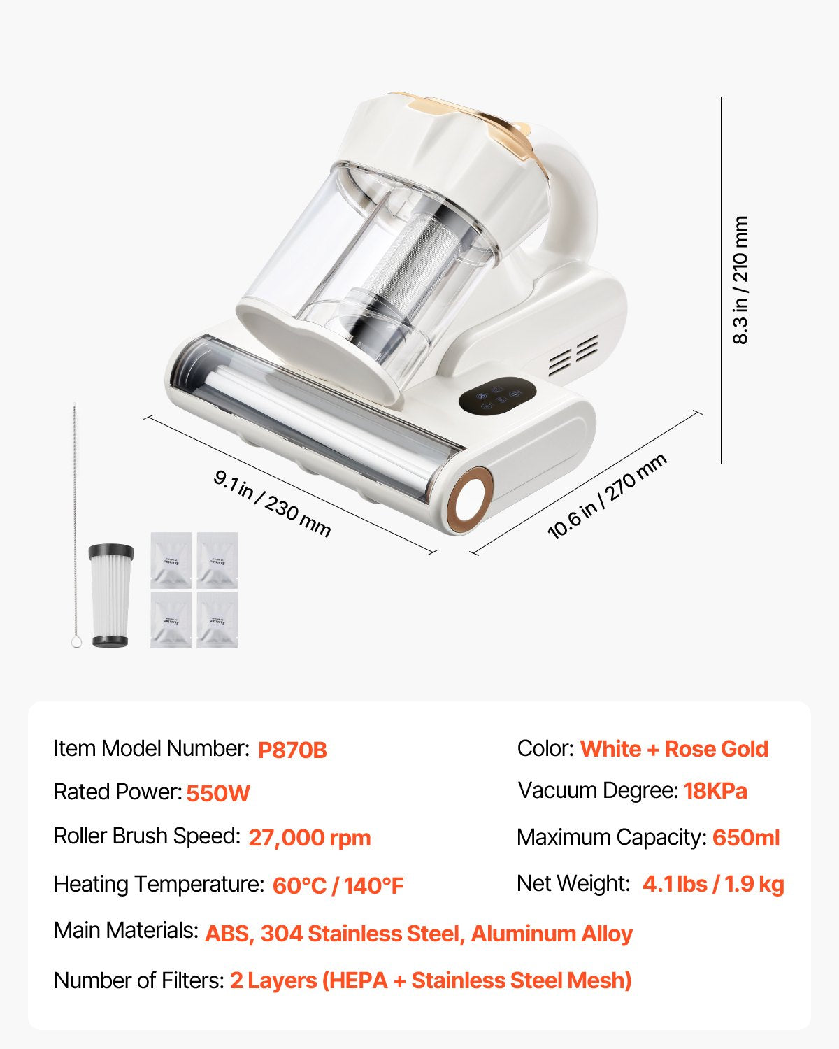 VEVOR Mattress Vacuum Cleaner, 550W Bed Vacuum Cleaner with 18Kpa Powerful Suction and Dual Dust Bin, HEPA Filter & Heating, Ultrasound Tech & Cleaning Lights, Handheld for Bed, Sofa, Corded, White - CMY400W14KPAKIOJZ001V1 - view 8