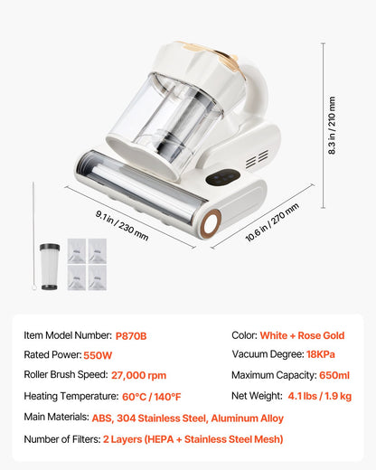 VEVOR Mattress Vacuum Cleaner, 550W Bed Vacuum Cleaner with 18Kpa Powerful Suction and Dual Dust Bin, HEPA Filter & Heating, Ultrasound Tech & Cleaning Lights, Handheld for Bed, Sofa, Corded, White - CMY400W14KPAKIOJZ001V1 - view 8