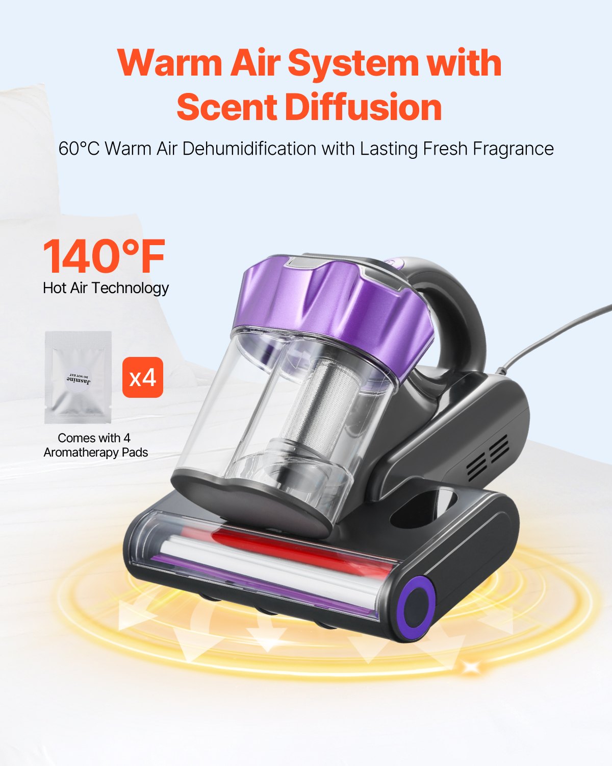 VEVOR Mattress Vacuum Cleaner, 550W Bed Vacuum Cleaner with 18Kpa Powerful Suction and Dual Dust Bin, HEPA Filter & Heating, Ultrasound Tech & Cleaning Lights, Handheld for Bed, Sofa, Corded, Gray - CMY400W14KPAUNPXV001V1 - view 4