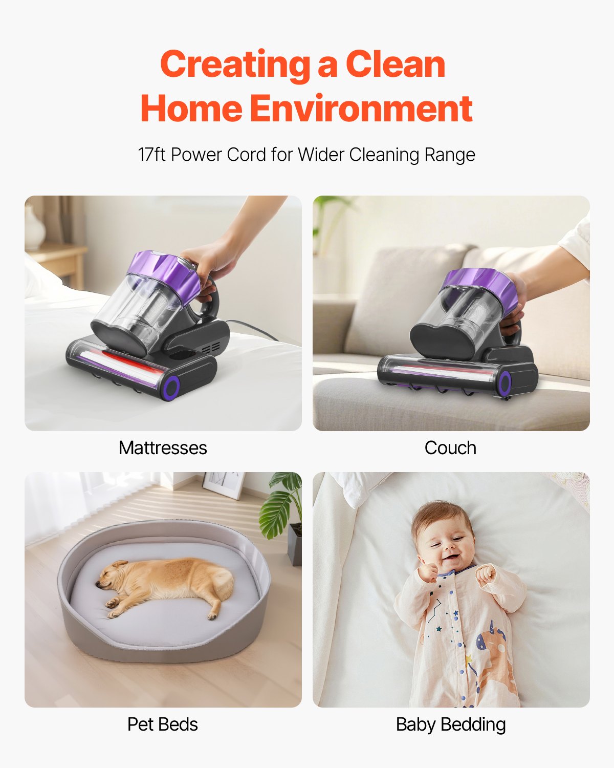 VEVOR Mattress Vacuum Cleaner, 550W Bed Vacuum Cleaner with 18Kpa Powerful Suction and Dual Dust Bin, HEPA Filter & Heating, Ultrasound Tech & Cleaning Lights, Handheld for Bed, Sofa, Corded, Gray - CMY400W14KPAUNPXV001V1 - view 7