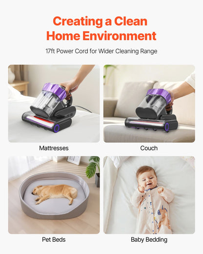 VEVOR Mattress Vacuum Cleaner, 550W Bed Vacuum Cleaner with 18Kpa Powerful Suction and Dual Dust Bin, HEPA Filter & Heating, Ultrasound Tech & Cleaning Lights, Handheld for Bed, Sofa, Corded, Gray - CMY400W14KPAUNPXV001V1 - view 7