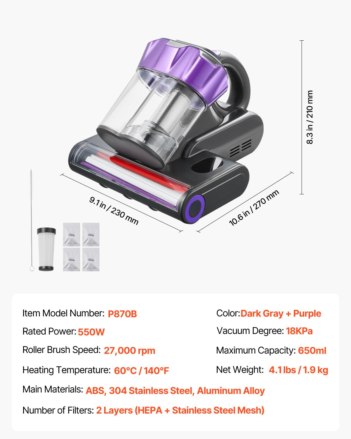 VEVOR Mattress Vacuum Cleaner, 550W Bed Vacuum Cleaner with 18Kpa Powerful Suction and Dual Dust Bin, HEPA Filter & Heating, Ultrasound Tech & Cleaning Lights, Handheld for Bed, Sofa, Corded, Gray - CMY400W14KPAUNPXV001V1 - view 8