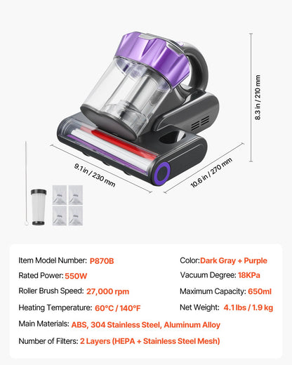 VEVOR Mattress Vacuum Cleaner, 550W Bed Vacuum Cleaner with 18Kpa Powerful Suction and Dual Dust Bin, HEPA Filter & Heating, Ultrasound Tech & Cleaning Lights, Handheld for Bed, Sofa, Corded, Gray - CMY400W14KPAUNPXV001V1 - view 8