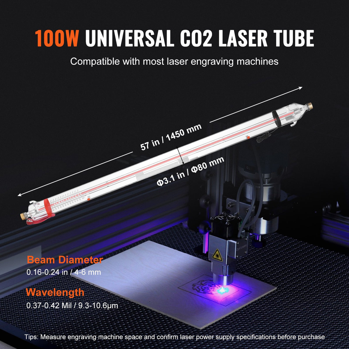 VEVOR 100W CO2 Laser Tube, 57 in (1450 mm) Length, 3.1 in (80 mm) Dia Borosilicate Glass Laser Cutter Tube with Metal Head, 10,000hr Wires Preconnected for Laser Engraver Engraving Cutting Machine - CO2JGG100W0031I4WV9 - view 4