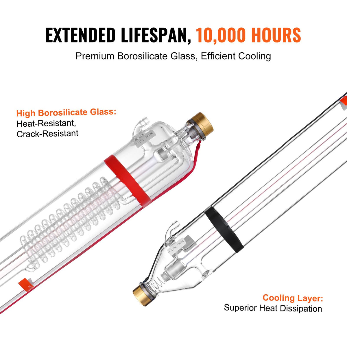 VEVOR 100W CO2 Laser Tube, 57 in (1450 mm) Length, 3.1 in (80 mm) Dia Borosilicate Glass Laser Cutter Tube with Metal Head, 10,000hr Wires Preconnected for Laser Engraver Engraving Cutting Machine - CO2JGG100W0031I4WV9 - view 5