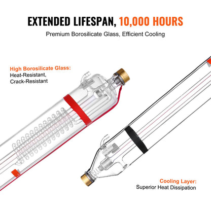 VEVOR 100W CO2 Laser Tube, 57 in (1450 mm) Length, 3.1 in (80 mm) Dia Borosilicate Glass Laser Cutter Tube with Metal Head, 10,000hr Wires Preconnected for Laser Engraver Engraving Cutting Machine - CO2JGG100W0031I4WV9 - view 5