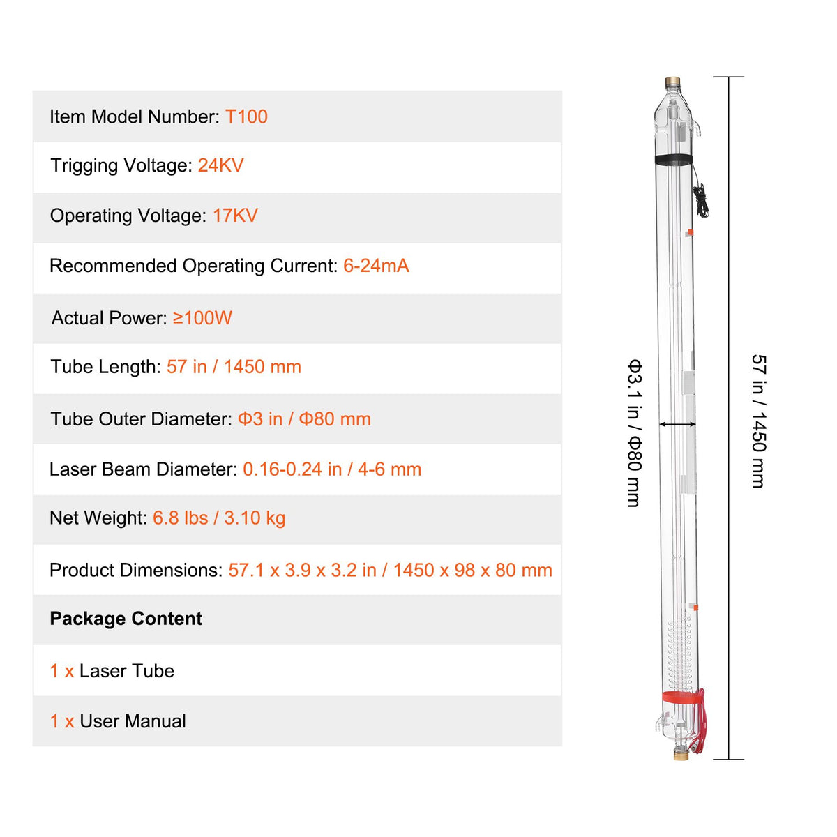 VEVOR 100W CO2 Laser Tube, 57 in (1450 mm) Length, 3.1 in (80 mm) Dia Borosilicate Glass Laser Cutter Tube with Metal Head, 10,000hr Wires Preconnected for Laser Engraver Engraving Cutting Machine - CO2JGG100W0031I4WV9 - view 8