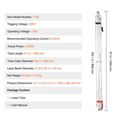 VEVOR 100W CO2 Laser Tube, 57 in (1450 mm) Length, 3.1 in (80 mm) Dia Borosilicate Glass Laser Cutter Tube with Metal Head, 10,000hr Wires Preconnected for Laser Engraver Engraving Cutting Machine - CO2JGG100W0031I4WV9 - view 8