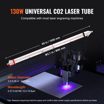 VEVOR 130W CO2 Laser Tube, 65 in (1650 mm) Length, 3.1 in (80 mm) Dia Borosilicate Glass Laser Cutter Tube with Metal Head, 10,000hr Wires Preconnected for Laser Engraver Engraving Cutting Machine - CO2JGG130W00KXS3BV9 - view 4