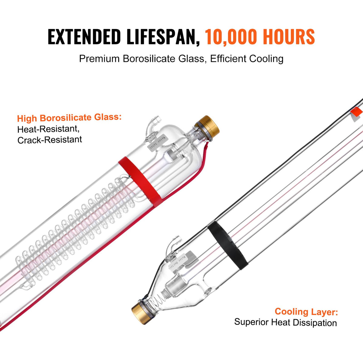 VEVOR 130W CO2 Laser Tube, 65 in (1650 mm) Length, 3.1 in (80 mm) Dia Borosilicate Glass Laser Cutter Tube with Metal Head, 10,000hr Wires Preconnected for Laser Engraver Engraving Cutting Machine - CO2JGG130W00KXS3BV9 - view 5