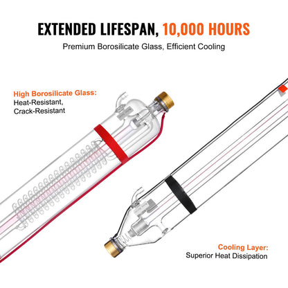VEVOR 130W CO2 Laser Tube, 65 in (1650 mm) Length, 3.1 in (80 mm) Dia Borosilicate Glass Laser Cutter Tube with Metal Head, 10,000hr Wires Preconnected for Laser Engraver Engraving Cutting Machine - CO2JGG130W00KXS3BV9 - view 5