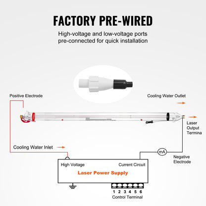 VEVOR 130W CO2 Laser Tube, 65 in (1650 mm) Length, 3.1 in (80 mm) Dia Borosilicate Glass Laser Cutter Tube with Metal Head, 10,000hr Wires Preconnected for Laser Engraver Engraving Cutting Machine - CO2JGG130W00KXS3BV9 - view 6