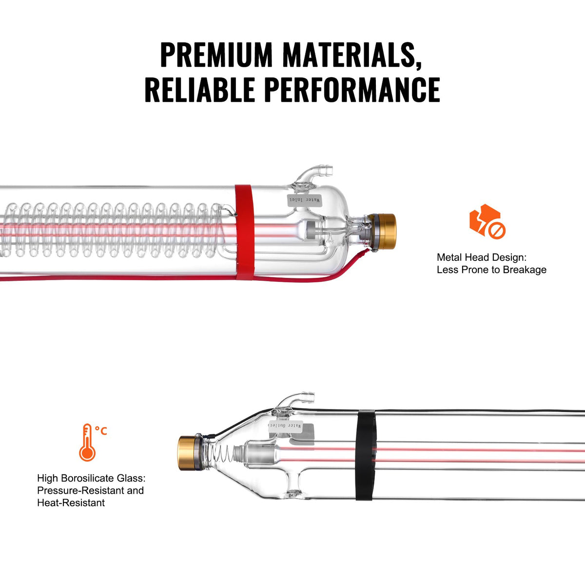 VEVOR 130W CO2 Laser Tube, 65 in (1650 mm) Length, 3.1 in (80 mm) Dia Borosilicate Glass Laser Cutter Tube with Metal Head, 10,000hr Wires Preconnected for Laser Engraver Engraving Cutting Machine - CO2JGG130W00KXS3BV9 - view 7