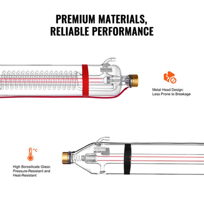 VEVOR 130W CO2 Laser Tube, 65 in (1650 mm) Length, 3.1 in (80 mm) Dia Borosilicate Glass Laser Cutter Tube with Metal Head, 10,000hr Wires Preconnected for Laser Engraver Engraving Cutting Machine - CO2JGG130W00KXS3BV9 - view 7
