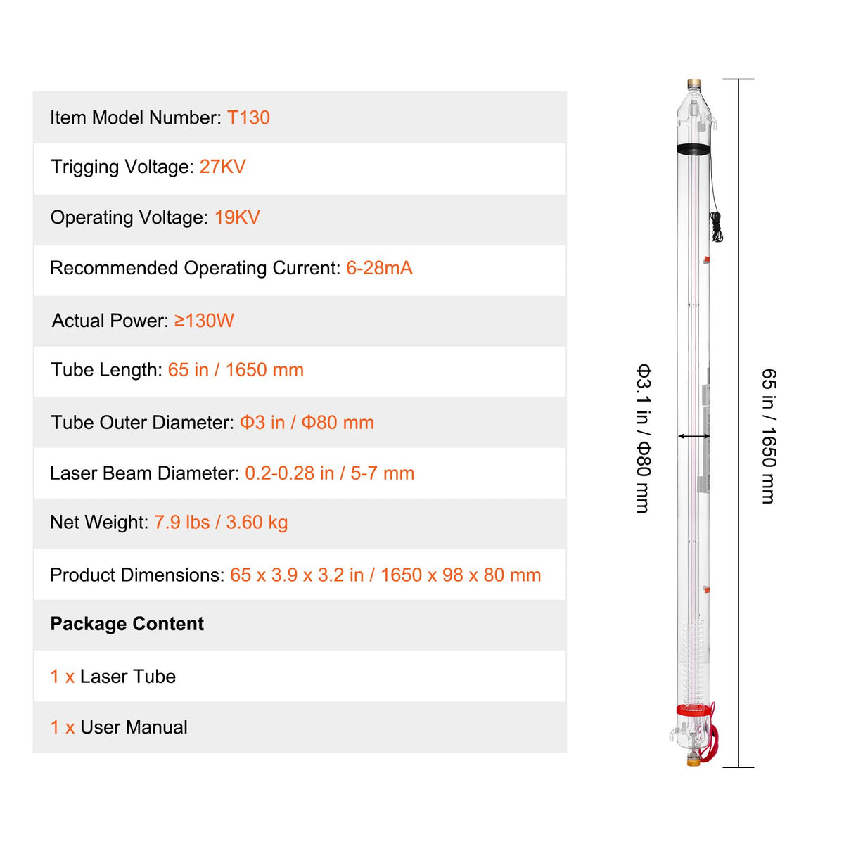 VEVOR 130W CO2 Laser Tube, 65 in (1650 mm) Length, 3.1 in (80 mm) Dia Borosilicate Glass Laser Cutter Tube with Metal Head, 10,000hr Wires Preconnected for Laser Engraver Engraving Cutting Machine - CO2JGG130W00KXS3BV9 - view 8