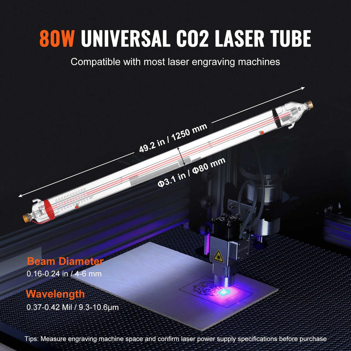 VEVOR 90W CO2 Laser Tube, 49.2 in (1250 mm) Length, 3.1 in (80 mm) Dia Borosilicate Glass Laser Cutter Tube with Metal Head, 10,000hr Wires Preconnected for Laser Engraver Engraving Cutting Machine - CO2JGG90W000YYZS2V9 - view 4