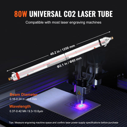 VEVOR 90W CO2 Laser Tube, 49.2 in (1250 mm) Length, 3.1 in (80 mm) Dia Borosilicate Glass Laser Cutter Tube with Metal Head, 10,000hr Wires Preconnected for Laser Engraver Engraving Cutting Machine - CO2JGG90W000YYZS2V9 - view 4