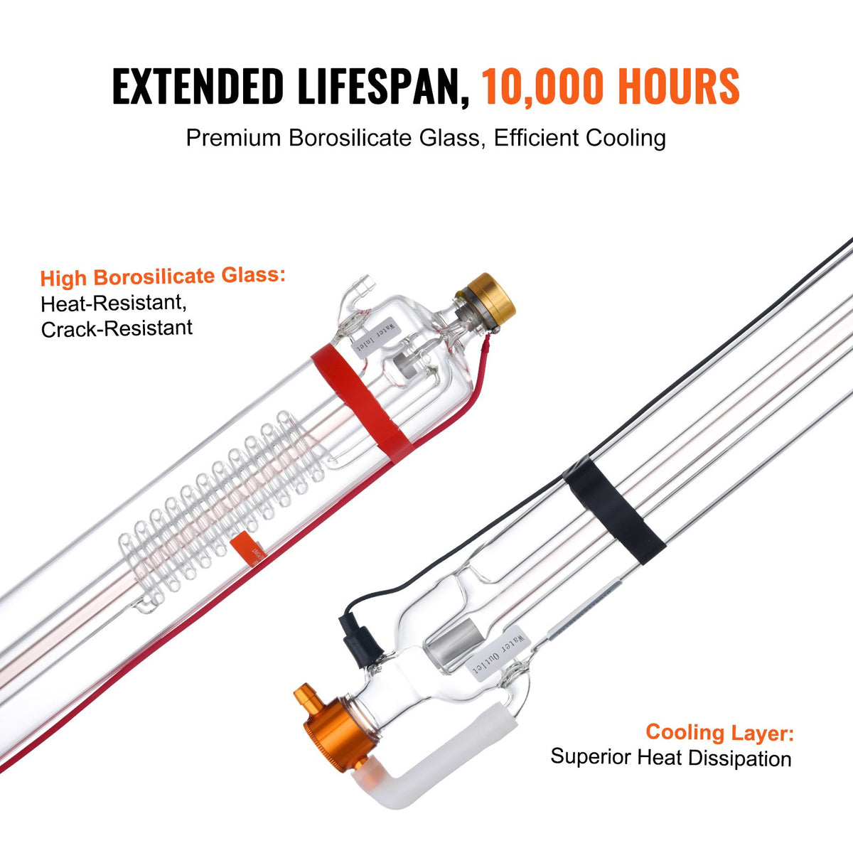 VEVOR 90W CO2 Laser Tube, 49.2 in (1250 mm) Length, 3.1 in (80 mm) Dia Borosilicate Glass Laser Cutter Tube with Metal Head, 10,000hr Wires Preconnected for Laser Engraver Engraving Cutting Machine - CO2JGG90W000YYZS2V9 - view 5