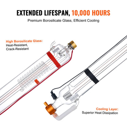 VEVOR 90W CO2 Laser Tube, 49.2 in (1250 mm) Length, 3.1 in (80 mm) Dia Borosilicate Glass Laser Cutter Tube with Metal Head, 10,000hr Wires Preconnected for Laser Engraver Engraving Cutting Machine - CO2JGG90W000YYZS2V9 - view 5