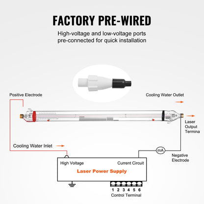 VEVOR 90W CO2 Laser Tube, 49.2 in (1250 mm) Length, 3.1 in (80 mm) Dia Borosilicate Glass Laser Cutter Tube with Metal Head, 10,000hr Wires Preconnected for Laser Engraver Engraving Cutting Machine - CO2JGG90W000YYZS2V9 - view 6
