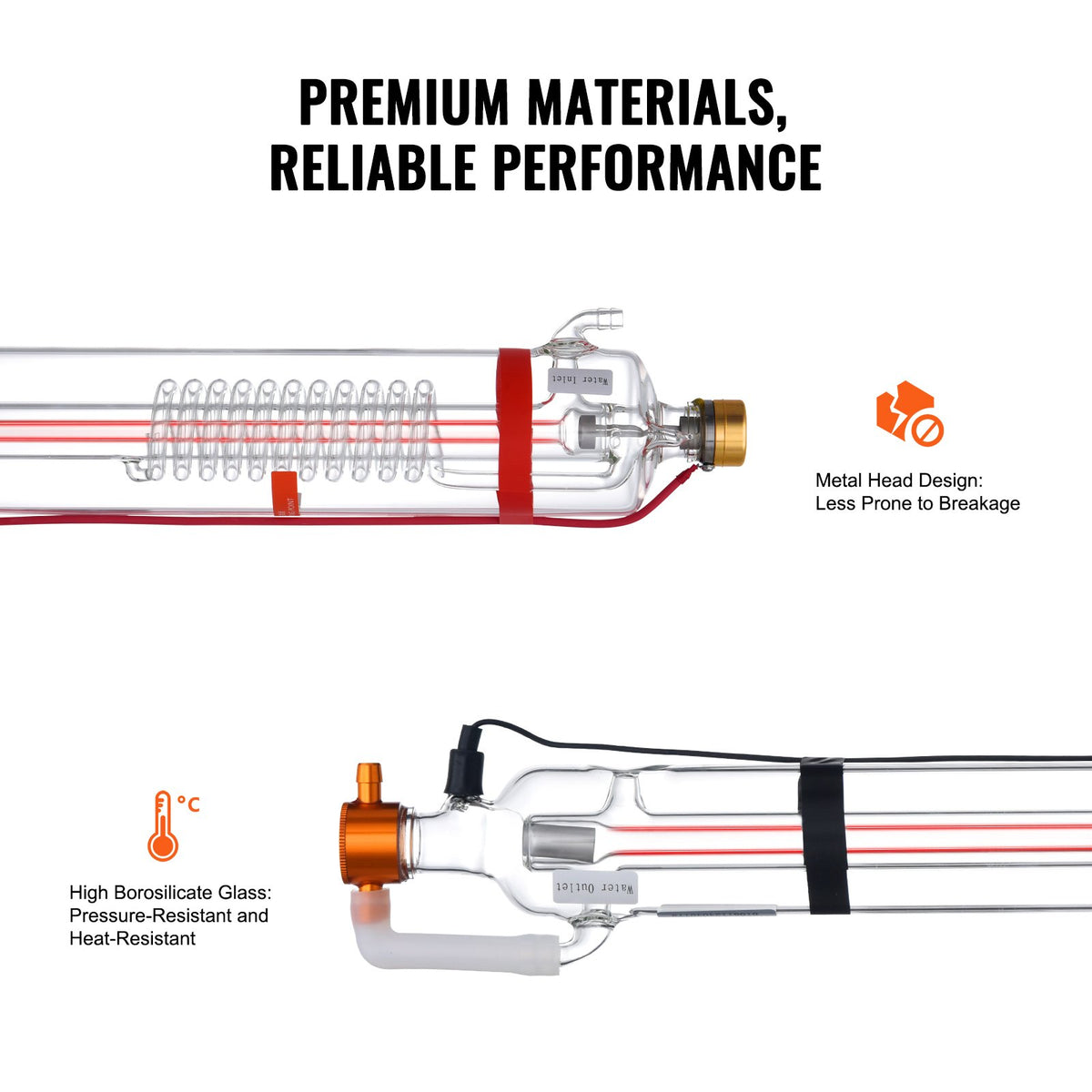 VEVOR 90W CO2 Laser Tube, 49.2 in (1250 mm) Length, 3.1 in (80 mm) Dia Borosilicate Glass Laser Cutter Tube with Metal Head, 10,000hr Wires Preconnected for Laser Engraver Engraving Cutting Machine - CO2JGG90W000YYZS2V9 - view 7