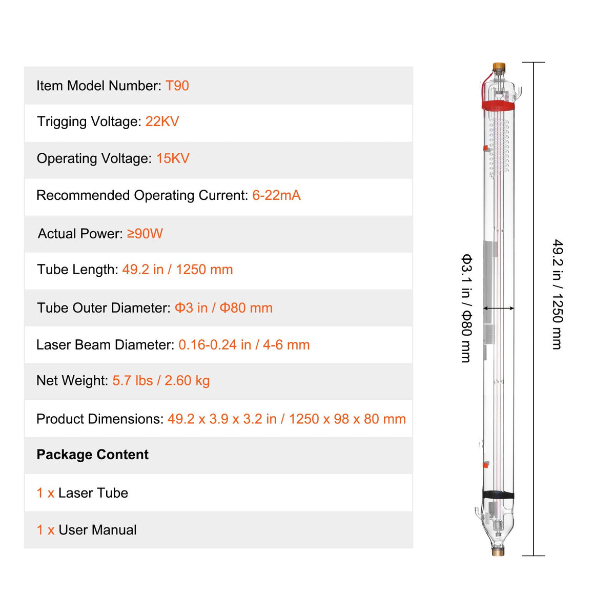 VEVOR 90W CO2 Laser Tube, 49.2 in (1250 mm) Length, 3.1 in (80 mm) Dia Borosilicate Glass Laser Cutter Tube with Metal Head, 10,000hr Wires Preconnected for Laser Engraver Engraving Cutting Machine - CO2JGG90W000YYZS2V9 - view 8