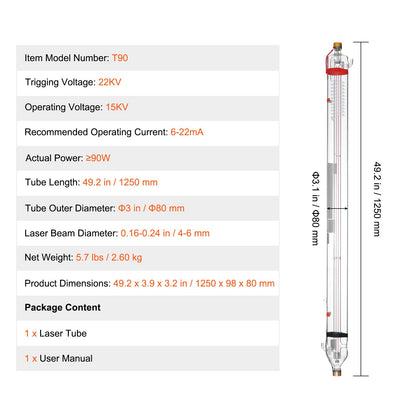 VEVOR 90W CO2 Laser Tube, 49.2 in (1250 mm) Length, 3.1 in (80 mm) Dia Borosilicate Glass Laser Cutter Tube with Metal Head, 10,000hr Wires Preconnected for Laser Engraver Engraving Cutting Machine - CO2JGG90W000YYZS2V9 - view 8