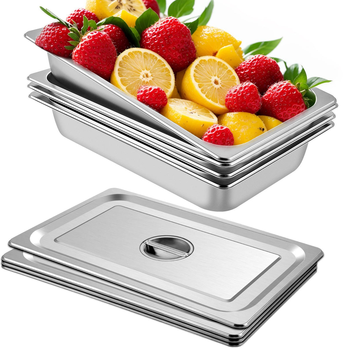 VEVOR Full-Size Stainless Steel Steam Table Pans, 4-Pack with Lids, 13 L Each - product view