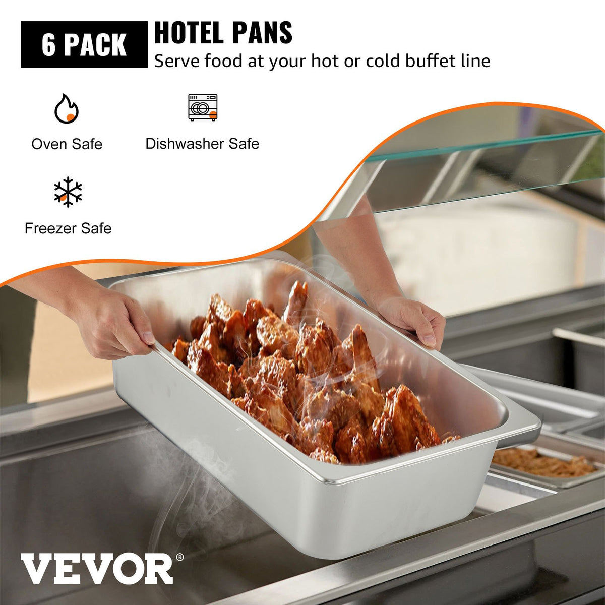 VEVOR 6 Pack Steam Table Pans 20.9 x 12.8 x 5.9 Inch Deep Steam Table Pan Full Size 20.5L Deep Food Container Stainless Steel Oven Tray Hotel Pans Anti-Jam Steam Table Food Pan - CP20X12X6TZ600001V0 - view 2