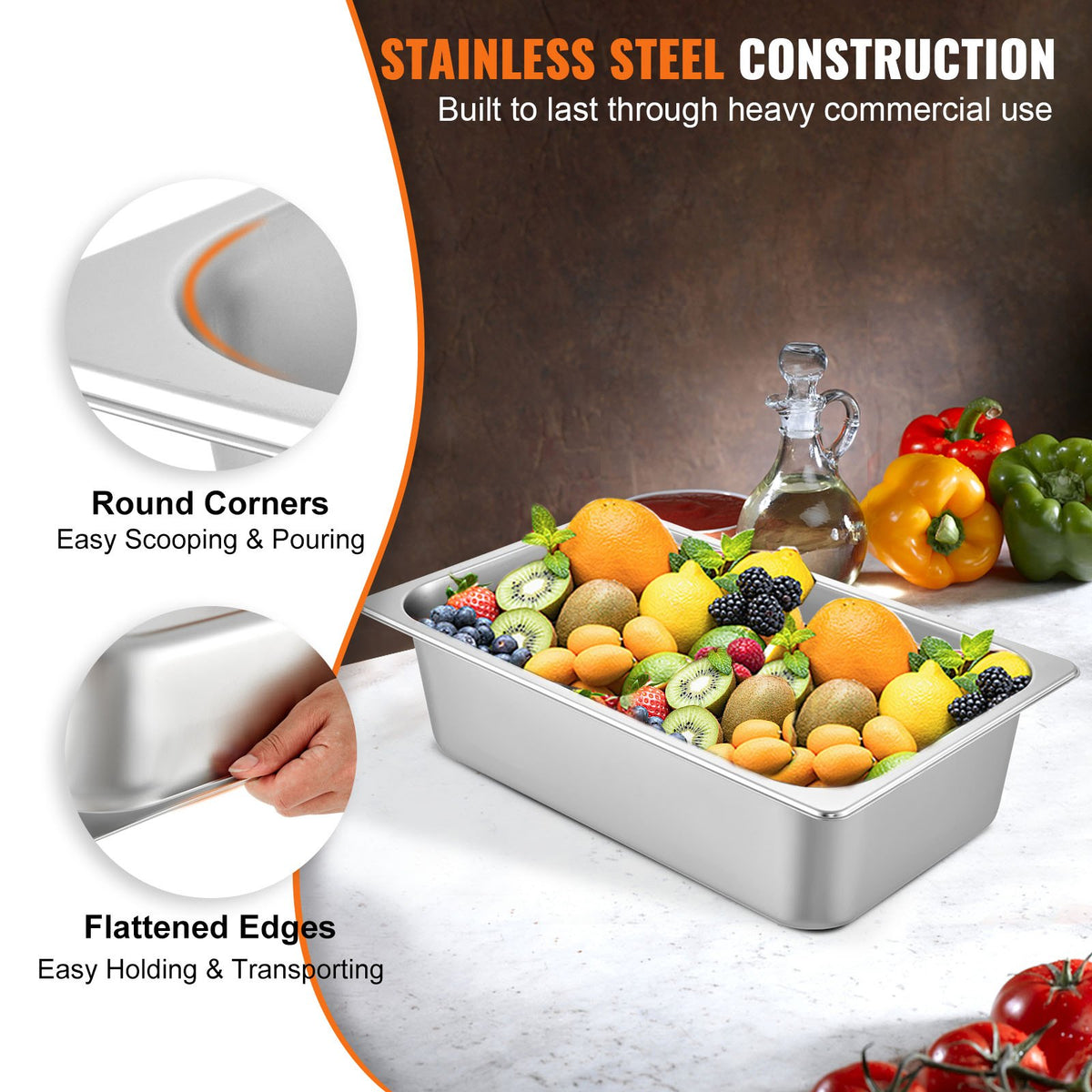VEVOR 6 Pack Steam Table Pans 20.9 x 12.8 x 5.9 Inch Deep Steam Table Pan Full Size 20.5L Deep Food Container Stainless Steel Oven Tray Hotel Pans Anti-Jam Steam Table Food Pan - CP20X12X6TZ600001V0 - view 3