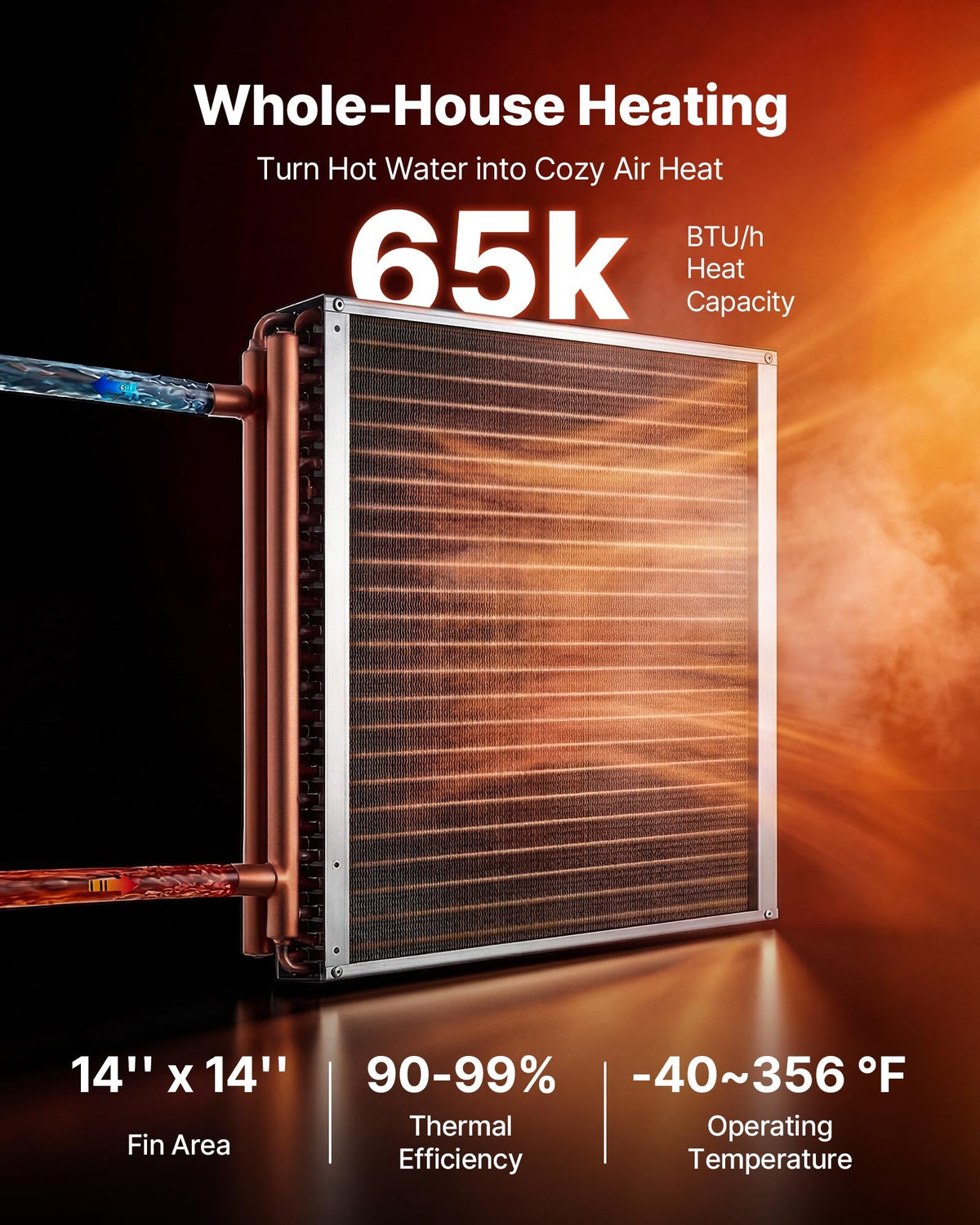 VEVOR Water to Air Heat Exchanger, 14 x 14 in Finned Tube HVAC Heat Exchanger Coil with Copper Tubes & Aluminum Fins, 65K BTU Output for Outdoor Wood Furnace, Hydronic Heating & Cooling Systems - CPGSHRQ14INCUNHCL001V0 - view 3